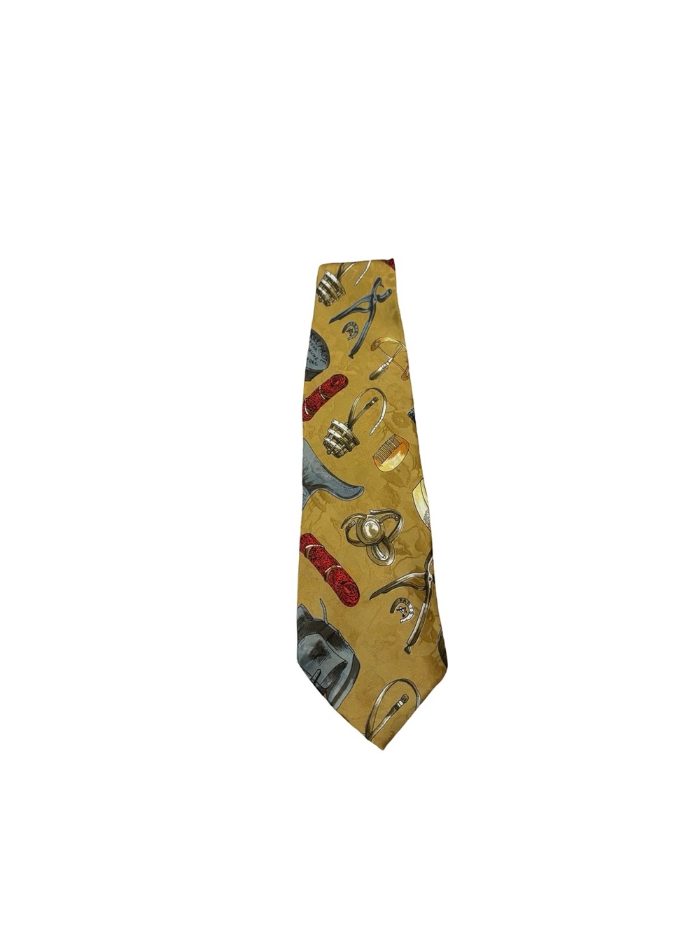 Equestrian Tie - silk vintage tie Hermes feel - Gold silk tie with horse saddle